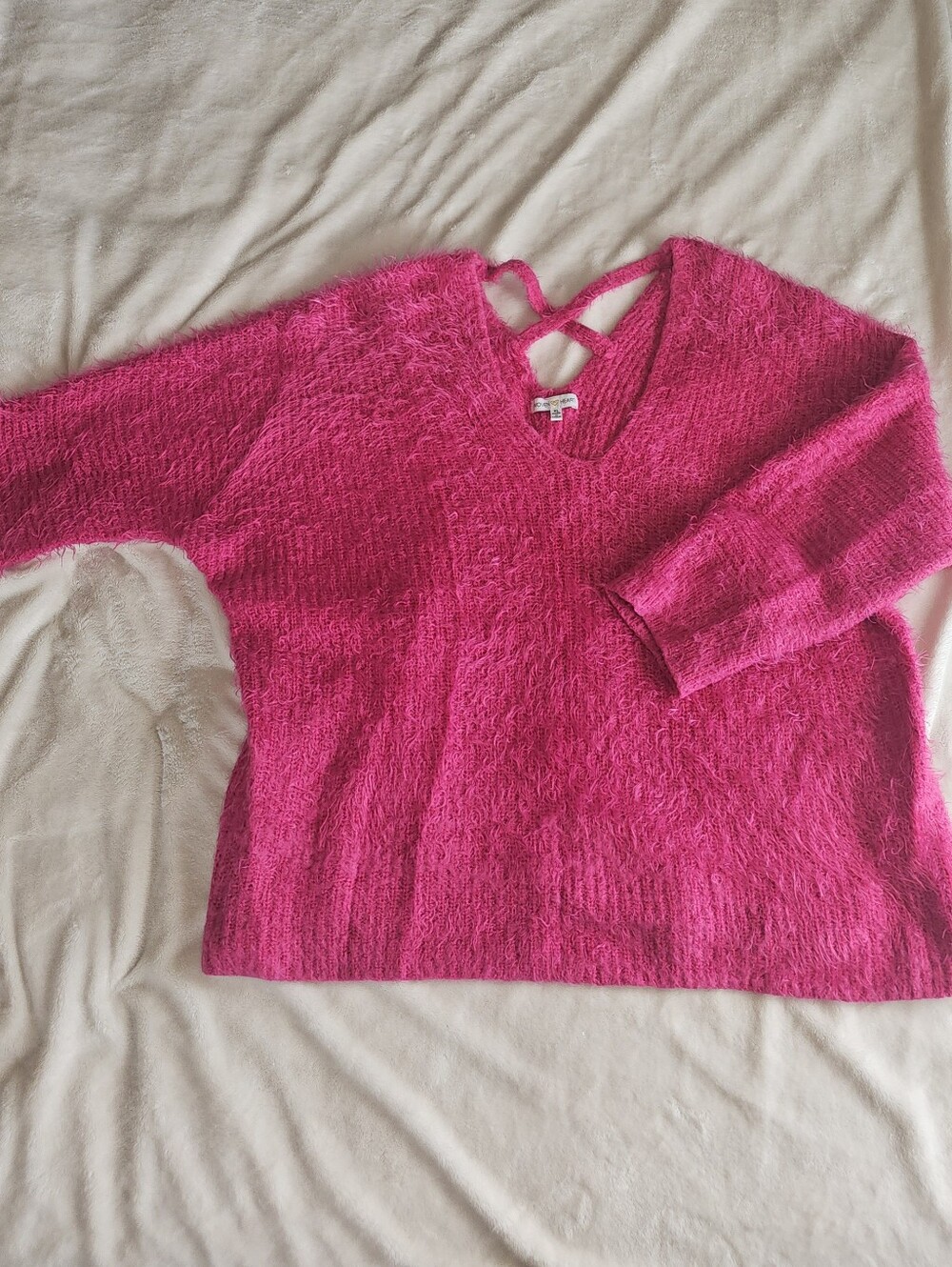 Woven Heart Bright Hot Pink Fuzzy V-Neck Sweater with Cross-Back Straps